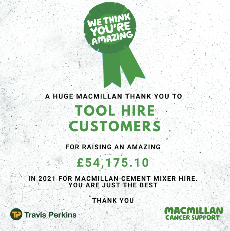 TravisPerkinsCo's tweet photo. Last year, as part of our ongoing initiative; for every cement mixer that was hired, 50p was donated our charity partner, @macmillancancer 
A total of over £54k was raised in 2021! A huge thank you to every customer &amp; colleague who continually support this initiative. https://t.co/X95IFK9HWP