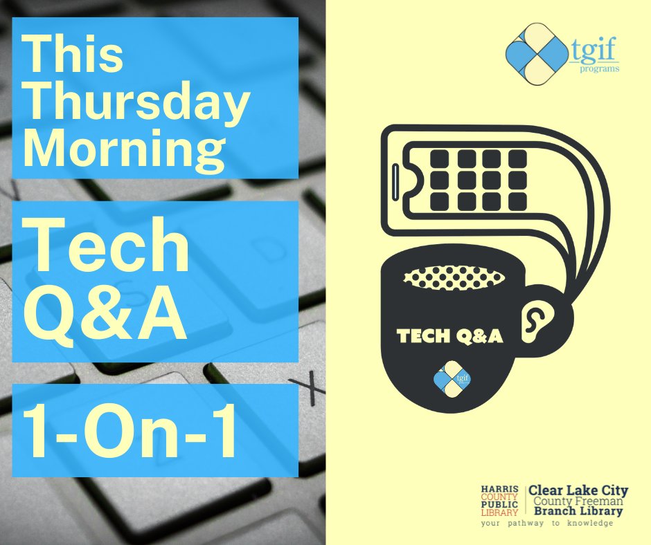 FreemanLib's tweet image. Adults - TGIF Programs still has openings for 1-On-1 Technology Question &amp;amp; Answer Appointments tomorrow morning! Call us at 832.927.5420 and ask for &quot;Adult Reference&quot; to reserve your spot! | #FreemanTechnology #TGIFreemanPrograms #TechAssist