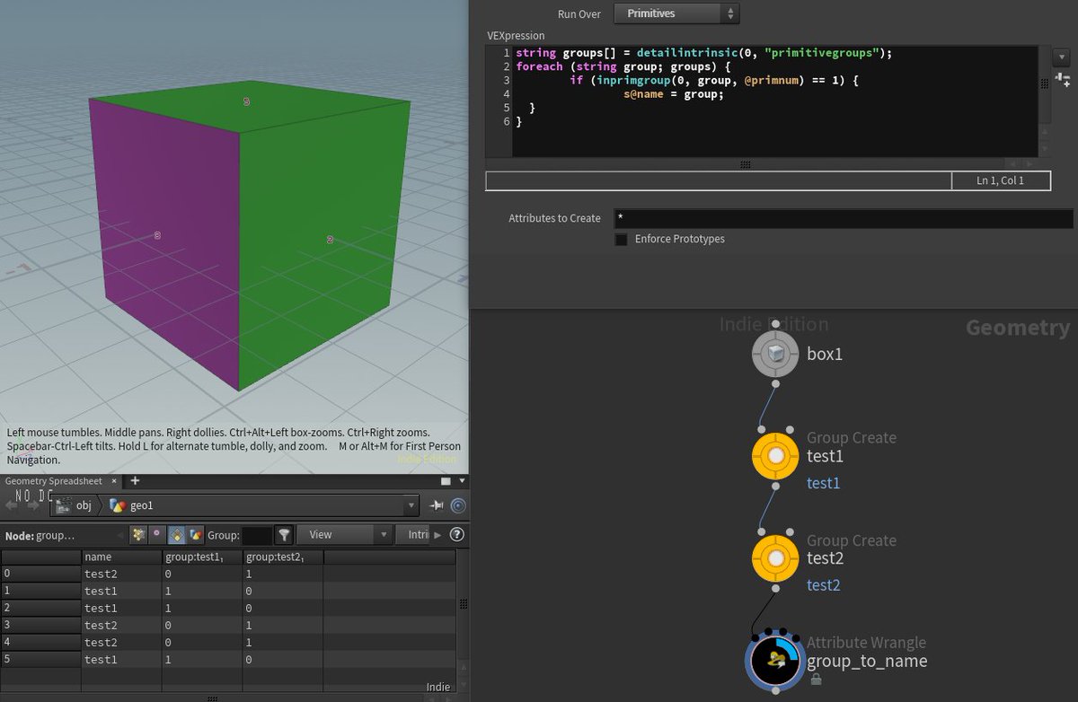 andreascatucci's tweet photo. VEX-Hax! A quick and easy way to convert your groups to a name attribute. hope you enjoy! Code in comments. ;) #sidefx #houdini #code  #3DCG https://t.co/RDM37TWr29