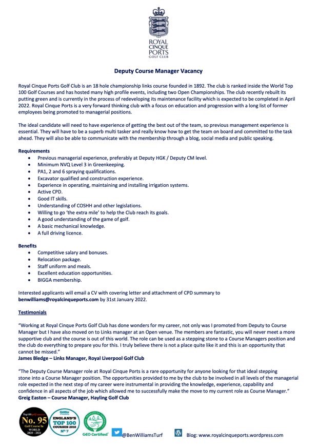 Ben Williams (@benwilliamsturf) on Twitter photo An exciting opportunity to join the team <a href="/RCPgolfclub/">Royal Cinque Ports Golf Club</a> as Deputy Course Manager ⬇️ An exciting opportunity to join the team <a href="/RCPgolfclub/">Royal Cinque Ports Golf Club</a> as Deputy Course Manager ⬇️