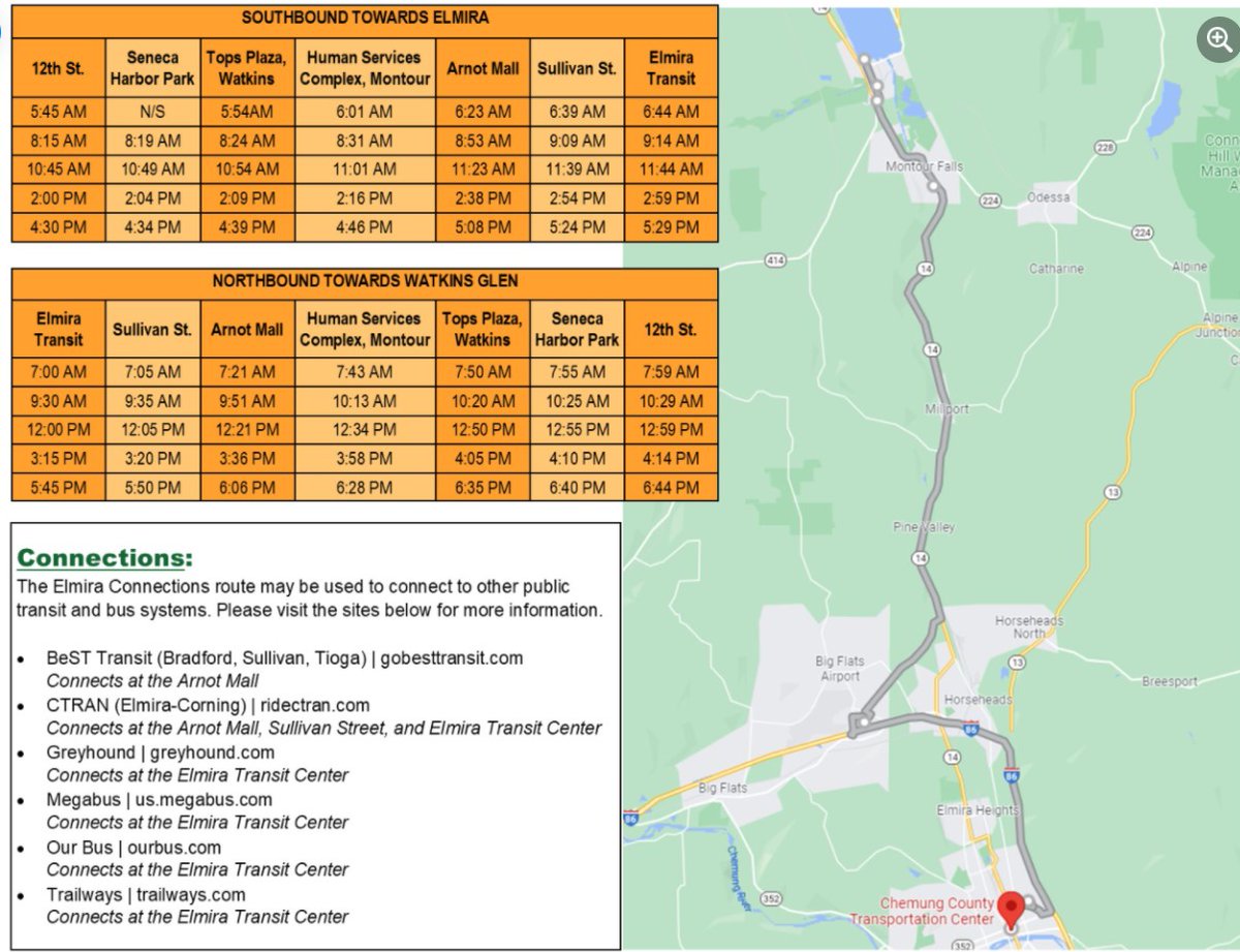 CSSWorkforceNY's tweet image. Have you heard?!  A new route, starting 1/17/2022 will providing transportation between Chemung and Schuyler Counties! The route fare is being waived through 6/30/2022. The full brochure can be found at schuylercountytransit.org. 
Or call 607.535.3555 Mon – Fri 9AM-5PM.