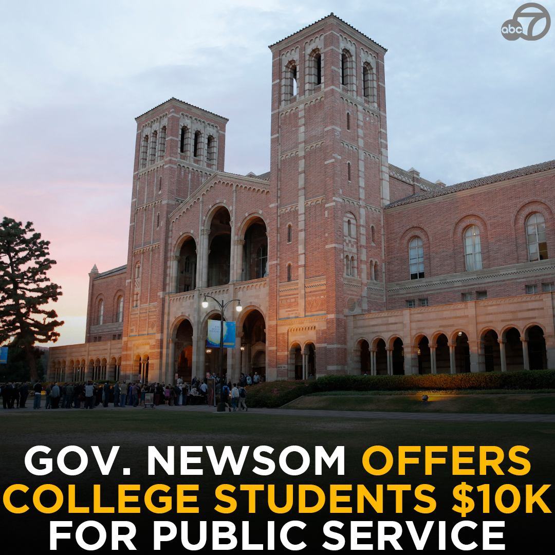 ABC7's tweet image. Gov. Newsom announced that 45 colleges and universities in California will be part of a new public service program that will subsidize tuition for students who do community service alongside their studies. abc7.la/3qFF1WU