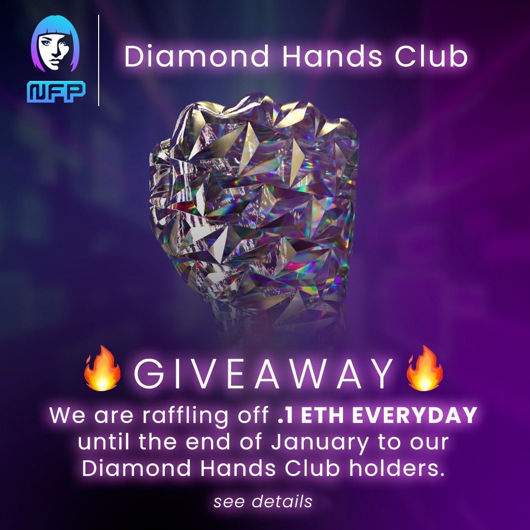 NFungiblePeople's tweet photo. 🎉 New DAILY Giveaway Alert 🎉
#DiamondHands Club Holders, are you ready?!
We are raffling off .1 ETH DAILY until the end of January to our #DiamondHands. Check the #💎 | diamond-club channel in our discord daily to see if you are the winner! https://t.co/cNrCAQKTTH