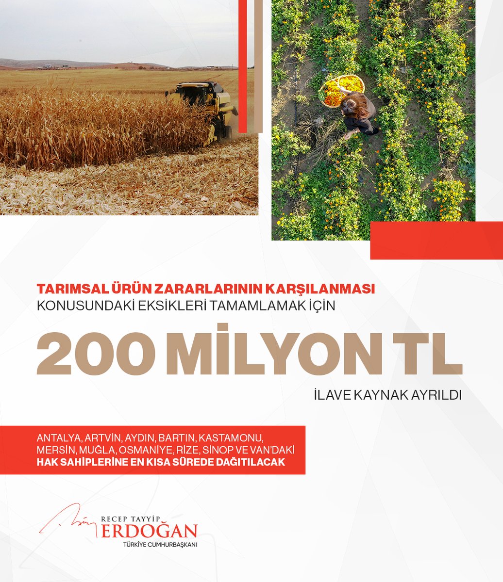 RTErdogan's tweet image. Afetlerle oluşan tarım ürünleri zararlarının karşılanması konusundaki eksikleri tamamlamak için 200 milyon liralık bir kaynak daha ayırıyoruz.