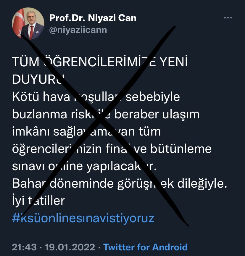 prof_niyazican's tweet photo. KSÜ’nün (@ksuedutr ) ve şahsımın (@prof_niyazican ) dışındaki hesaplara itibar etmeyelim sevgili öğrenciler. https://t.co/tZcWe97ucH