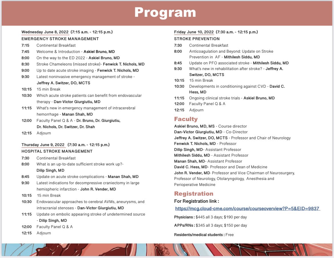 Comprehensive review and Update on Stroke by Stroke faculty of Medical College of Georgia/Augusta University. June 8-10,2022. Join us. <a href="/JeffreySwitzer8/">Jeffrey Switzer</a> <a href="/MCG_Neurology/">MCG Neurology</a> <a href="/mcgneurologyres/">MCGNEUROLOGYresidency</a>