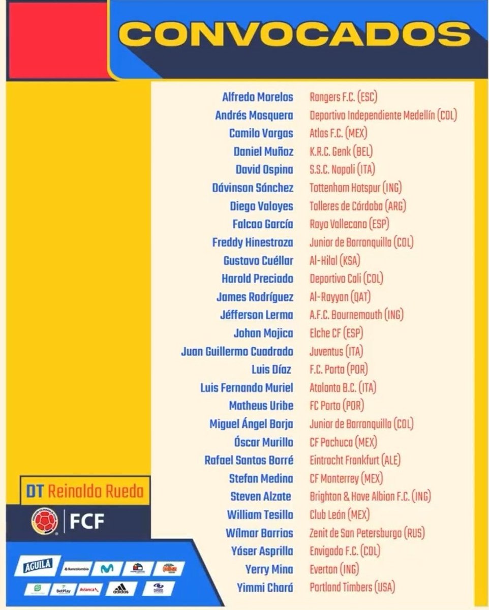 SamuelPardoR17's tweet photo. 📍Datos convocatoria @FCFSeleccionCol frente 🇵🇪🇦🇷:

🔝 Yaser Asprilla (18) el convocado más joven.

✅ Rueda llegó a 5️⃣1️⃣ convocados en esta Eliminatoria.

⚽ Harold Preciado el 8️⃣ centro delantero convocado a Eliminatorias.

4️⃣8️⃣ Equipos distintos entre todas las convocatorias. https://t.co/wyNwPVqDOd