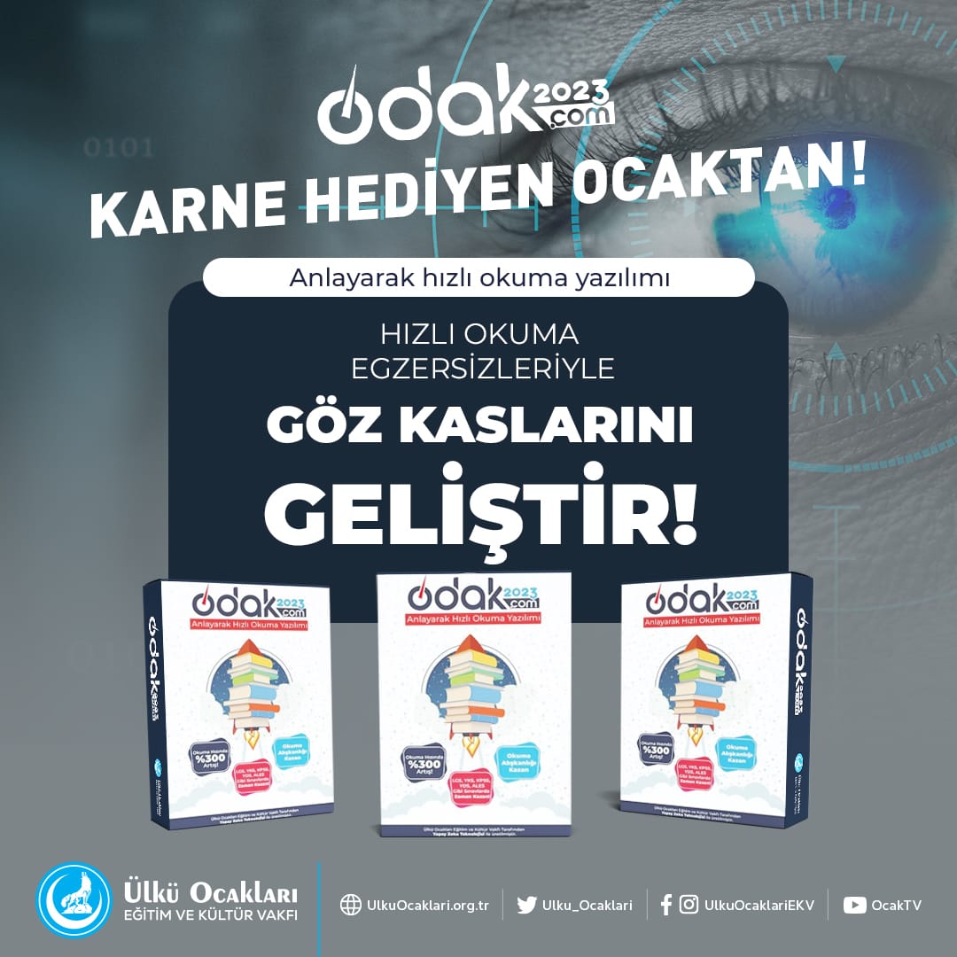 Öğrenciler daha başarılı olsun ve geleceğe emin adımlarla yürüsün diye 
ODAK2023 Anlayarak Hızlı Okuma Yazılımını Türk gençliğine, Liderimiz Sayın Devlet Bahçeli adına armağan ediyoruz.

Haydi gençler Takdir ve Teşekkür belgeni al gel bu tatilde #KarneHediyenOcaktan 🇹🇷