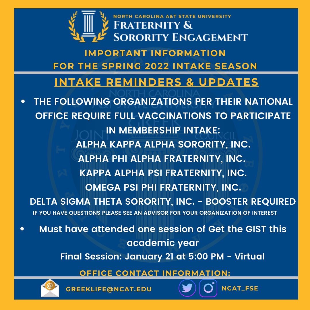 NCAT_FSE's tweet photo. As we prepare for The Spring 2022 Intake Season, please review the UPDATED University Intake Requirements &amp; Guidelines. Please read carefully. Stay tuned…more information regarding Spring 2022 Intake forthcoming at the end of the month! #NCAT https://t.co/JDKAd3WoCG