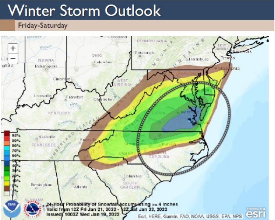 CityofVaBeach's tweet photo. WINTER STORM UPDATE: Heads up VB, we’re looking at two different winter weather events. The first on Thurs. evening, Jan. 20 has early forecasts predicting an inch of snow or less.  THEN, we could be facing another 4” to 6” of snow from Friday night through Saturday morning. https://t.co/CBVkozV9cg