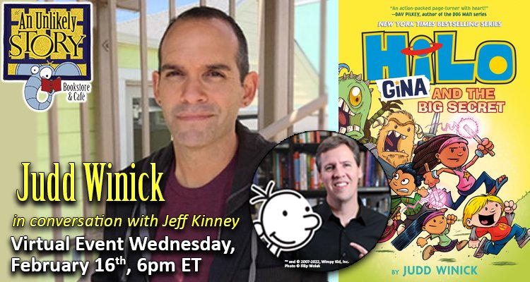 unlikelybkstore's tweet photo. We are thrilled to once again host @JuddWinick, creator of the #middlegrade #graphicnovel series, #Hilo, in a virtual event with @wimpykid! Judd & Jeff will discuss HILO Book #8 and face off in a hilarious #drawoff! Watch for free @ https://t.co/WLYhGWsHMc @randomhousekids https://t.co/xU8SLbEdi2