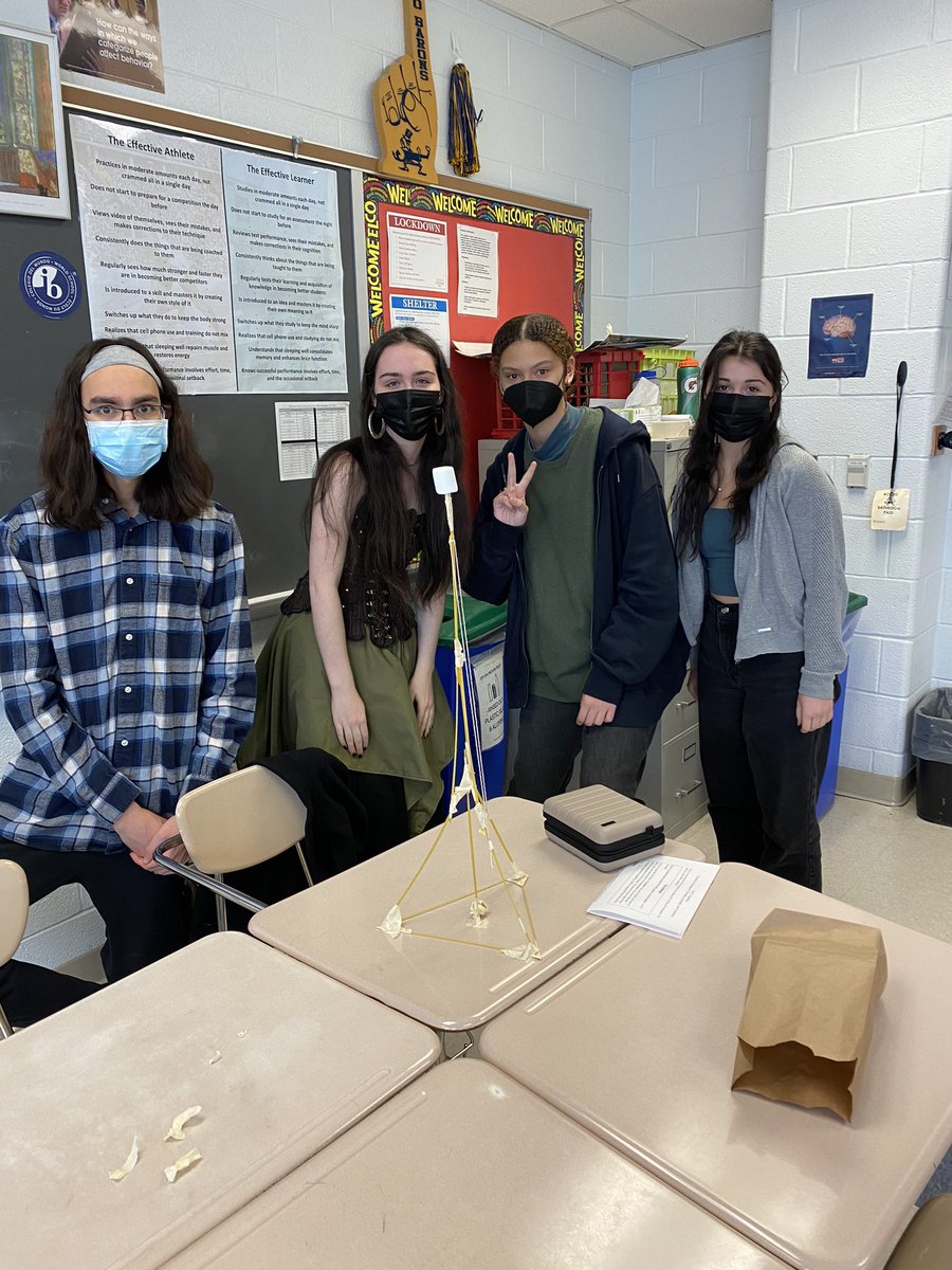Congratulations to the class winners in today’s Spaghetti-Marshmallow Challenge as we start the Thinking and Problem Solving portion of the Cognitive Unit. Jacob, Catherine, Malia and Aaron had the tallest freestanding structure at 29 and 1/4 inches built in 18 minutes.