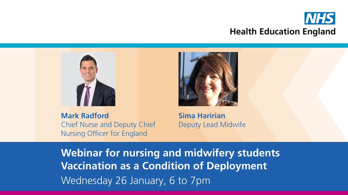 🗓️ Save the date: Our chief nurse @MRadford_HEECN and Deputy Lead Midwife Sima Haririan are hosting a webinar for nursing and midwifery students next week around vaccination as a condition of deployment. More details soon! Special guests TBA. @teamCNO_