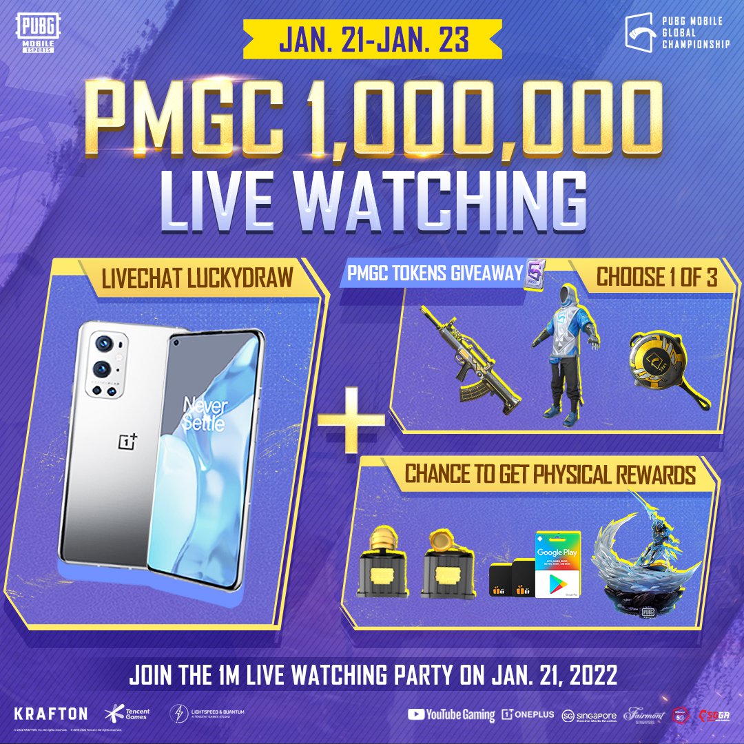 PUBGM_Europe's tweet photo. Come and join our 1M Live Watching Event on Jan.21! Free OnePlus products giveaway and massive PMGC Tokens when reaching 1M viewers!!! Don't miss the party on PMGC Grand Finals Day 1!

📺Watch PMGC2021 on PUBG MOBILE Esports

#PUBGMOBILE #PMGC #PMGC2021 #NEXTTOGLORY #OnePlusPMGC https://t.co/qtnhxgvome