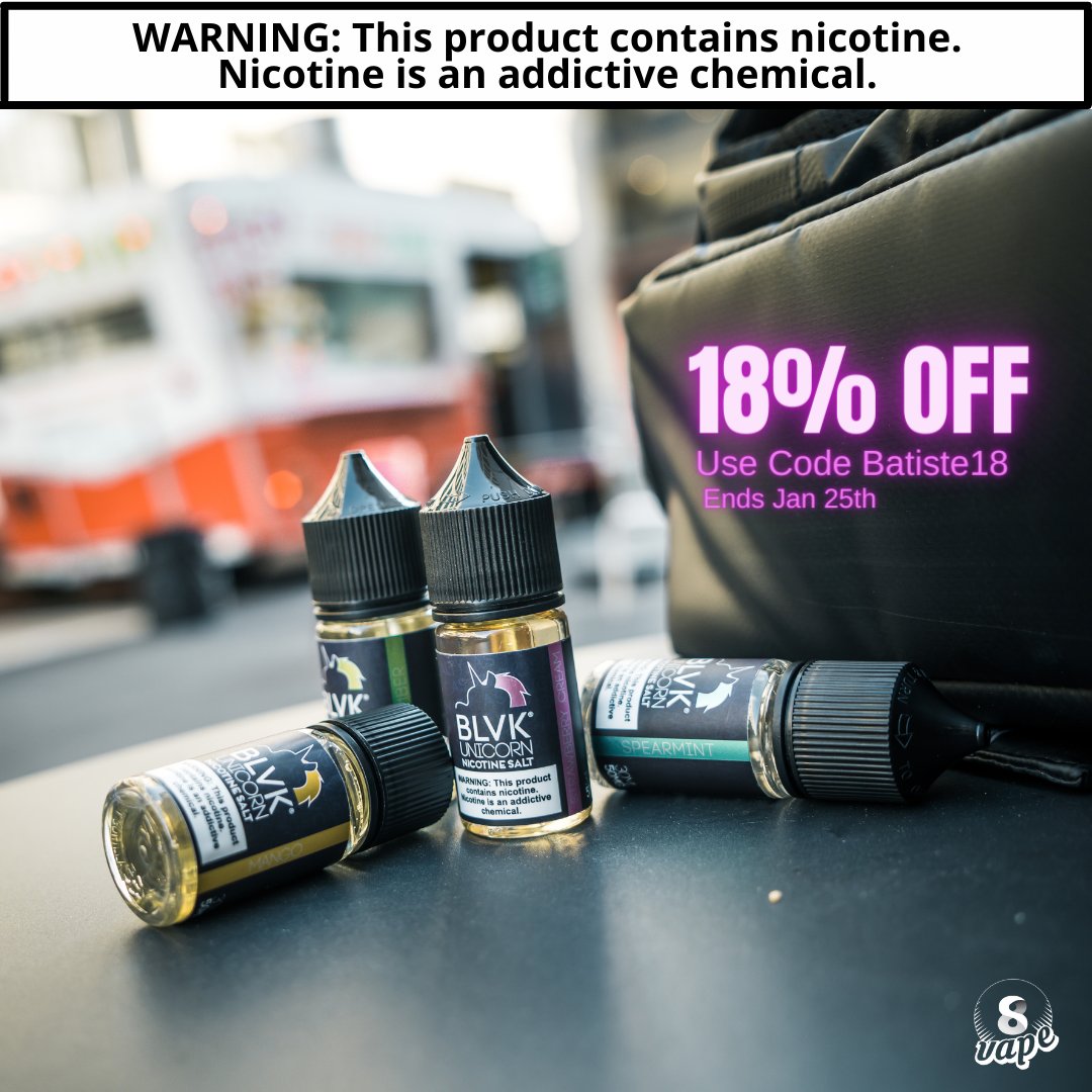 EightVape's tweet photo. We carry a large selection of @BLVKEliquid Unicorn vape juice and BLVK Unicorn salt flavors at very low prices. Order until Jan. 25th to get 18% discount on these premium #eliquids. https://t.co/rayA1olMfi #vapefam #NationalPopcornDay https://t.co/K59VuKOF4Y