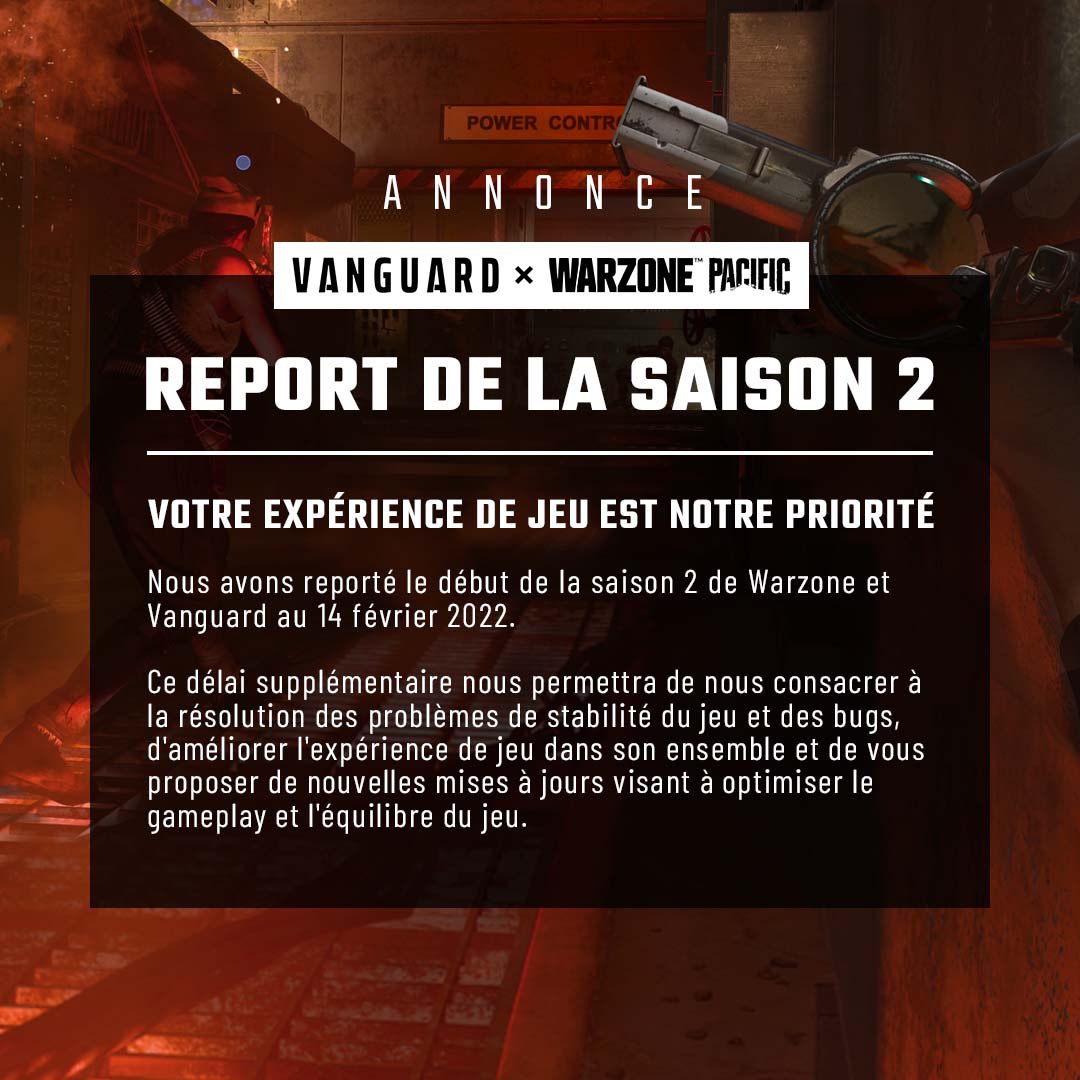 La sortie de la Saison 2 de #Vanguard et #Warzone est reportée au 14 février.