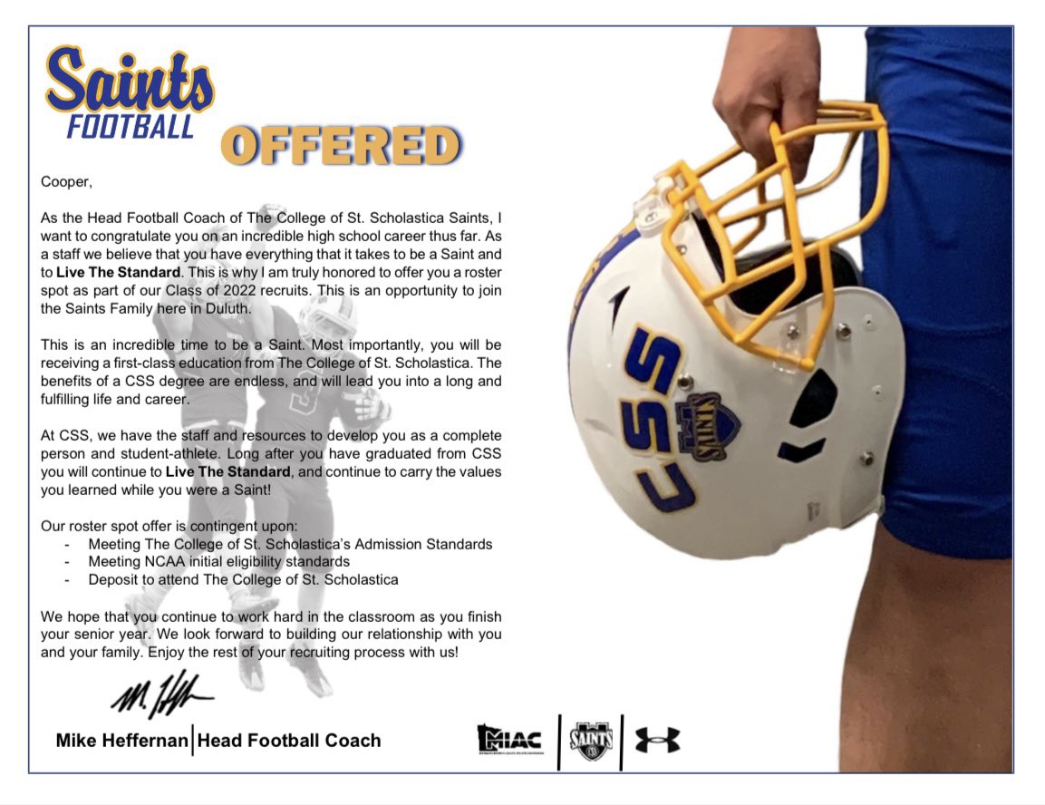 Cooper305631's tweet photo. After a great visit to the beautiful campus of St. Scholastica, I am super honored and grateful to have been offered a roster spot on their football team.
@CSSSaintsFB @Coach_Heffernan https://t.co/1KjbxAtJrq