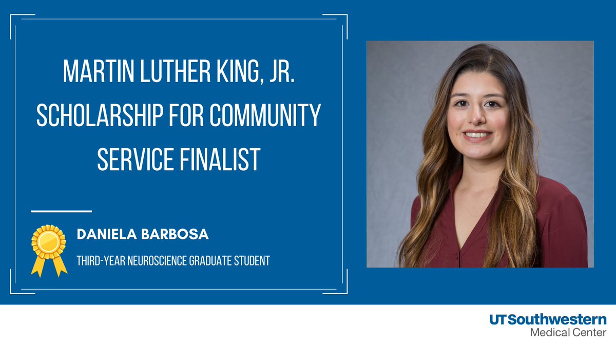 UTSWedu's tweet photo. Congratulations to third-year @UTSWGradSchool student, Daniela Barbosa on being named a runner-up of the MLK Jr. Scholarship! 🎉 Daniela was awarded for her mentorship and volunteerism with @ScholarShot. https://t.co/p9ciW5A8It https://t.co/NxRTBLdwgQ