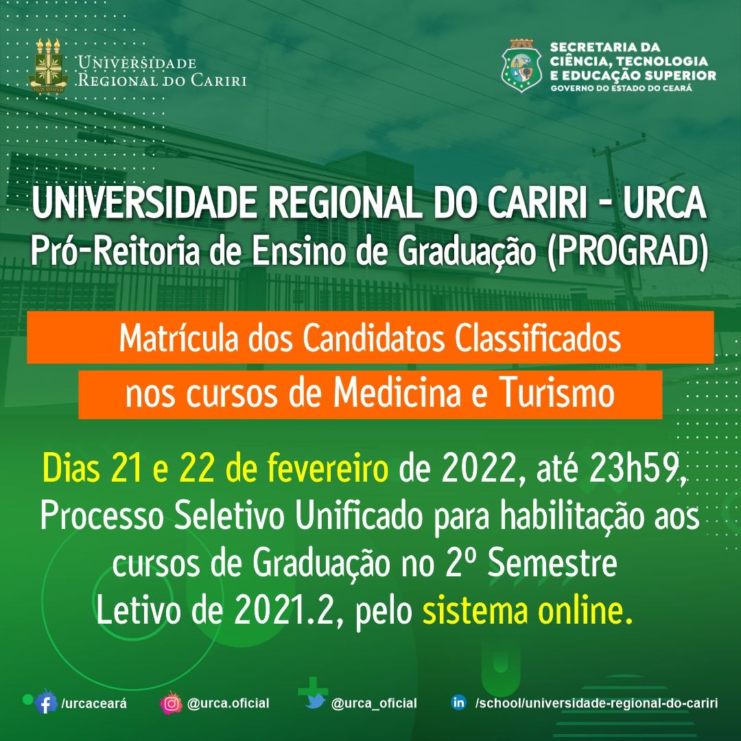 Prograd comunica período de matrícula para aprovados nos cursos de Medicina e Turismo

::. Acesse urca.br e confira outras informações.