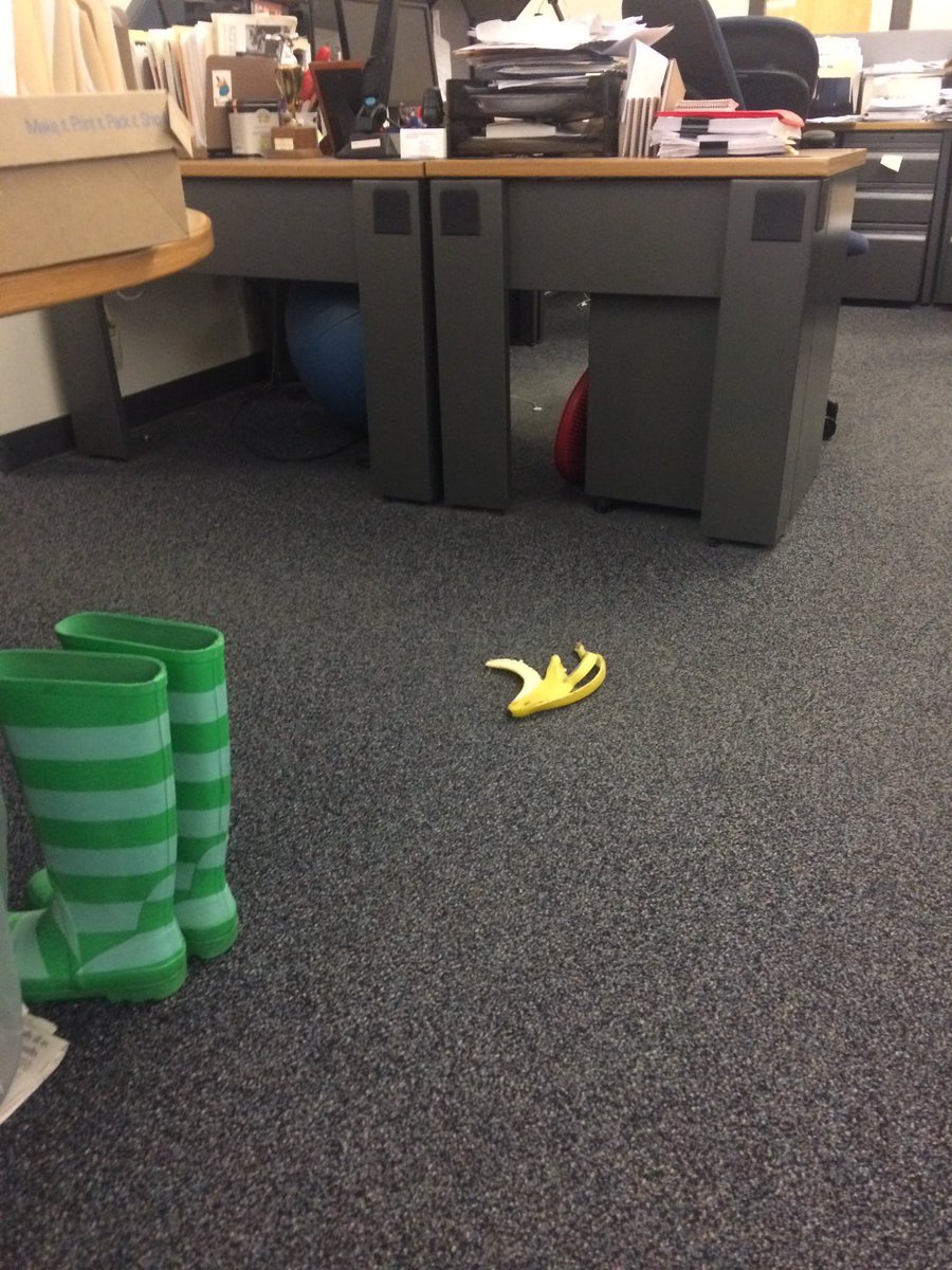 This used to be one of my fave tricks in the newsroom. Try to get someone to slip on a strategically-placed banana peel.