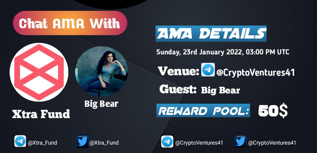 CryptoVenture41's tweet photo. 📢 We're thrilled to announce our next #AMA with @xtra_fund
on 23 Jan 3 PM UTC

💰 Reward Pool: 50$
📍 Venue: https://t.co/ZQqxvv68Zb
〽️ Rules:
✅ Follow @CryptoVenture41 &amp; @xtra_fund
✅Like Retweet &amp; Comment Your Questions (3 Questions Max) and Tag 3 Friend https://t.co/DHGuAF0z4b