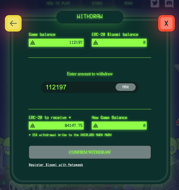 degeniuslol's tweet photo. My Play 2 Earn Experience:
1) Bought 10 @CBCreepz 
2) Staked 10 
3) Earned 110,000 $LOOMI
4) PAID 25% "OVERLORD" bribe
5) Swapped 84,319.5 LOOMI to ERC-20
*$1 USDT = 40 LOOMI (at the time)
6) Swapped ERC-20 to Wrapped ETH
*84,319.5 = 0.632441 WETH
$1,979.29 at the time. 
DYOR NFA https://t.co/zEkpynDKEN