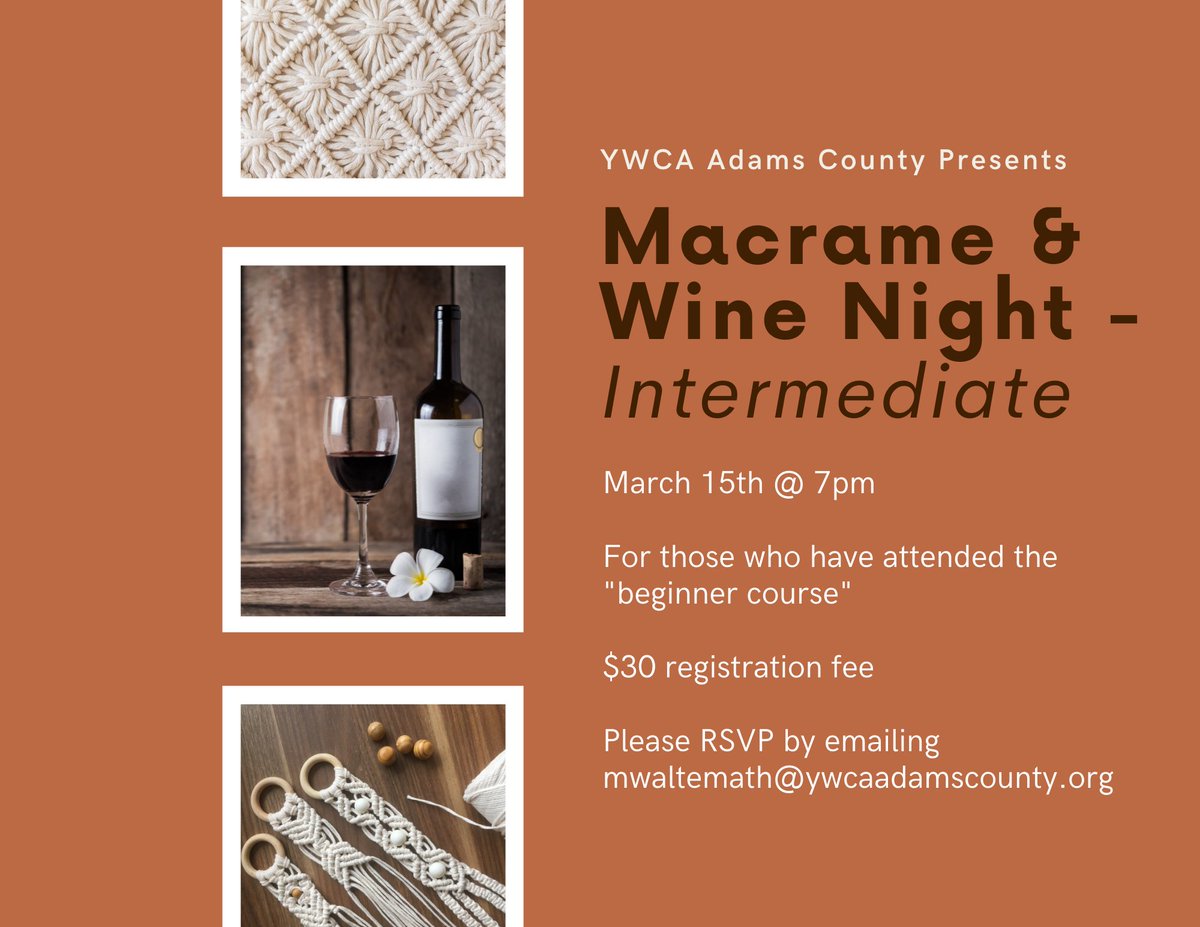 The Macramé class for January 25th has been postponed!

We have moved the class to March 15th. 

To RSVP please email
mwaltemath@ywcaadamscounty.org