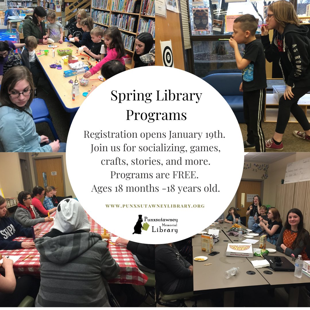 Registration is now open! Register online or stop by the front desk for a paper form. Programs start in February. We hope to see you there.

#libraryprograms