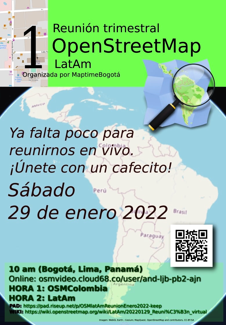 Junta #OSMLatAm: 

Sábado 29 de enero, 11am (GMT-5), luego de la junta mensual OSMColombia (10am). 

Aporten sus temas de interés a los puntos a tratar ese día: wiki.openstreetmap.org/wiki/LatAm/202…

O en: pad.riseup.net/p/OSMlatAmReun…

Pueden votar por temas ya marcados.

#OpenStreetMap #mapas