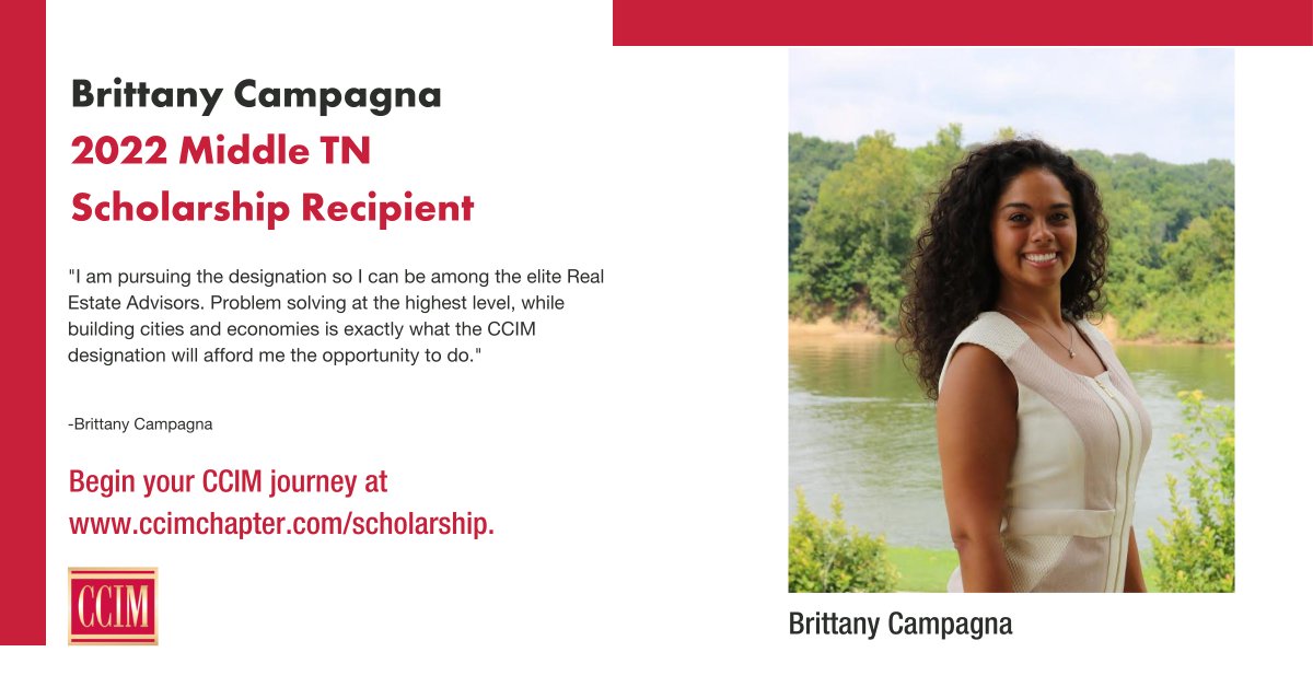 MidTNCCIM's tweet photo. Congratulations to Brittany Campagna on being awarded one of this year's Middle Tennessee CCIM Chapter Scholarships. Brittany is a part of the 2022 Middle Tennessee's board, and has jumped head first into the CCIM community!

#CCIM #MiddleTN #CRE #Scholarship https://t.co/M4B3sgEKO5