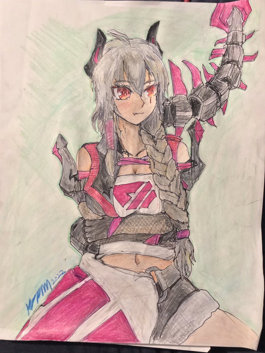 MysticAxe's tweet photo. @saruei #SarueiContest2022 my entry is done in traditional pencil crayon and ink pen for outline. This has challenged my art skills in a lot of ways. I am thankful for the challenge and push to better myself! Thank you Saruei! https://t.co/84hL6mthnV