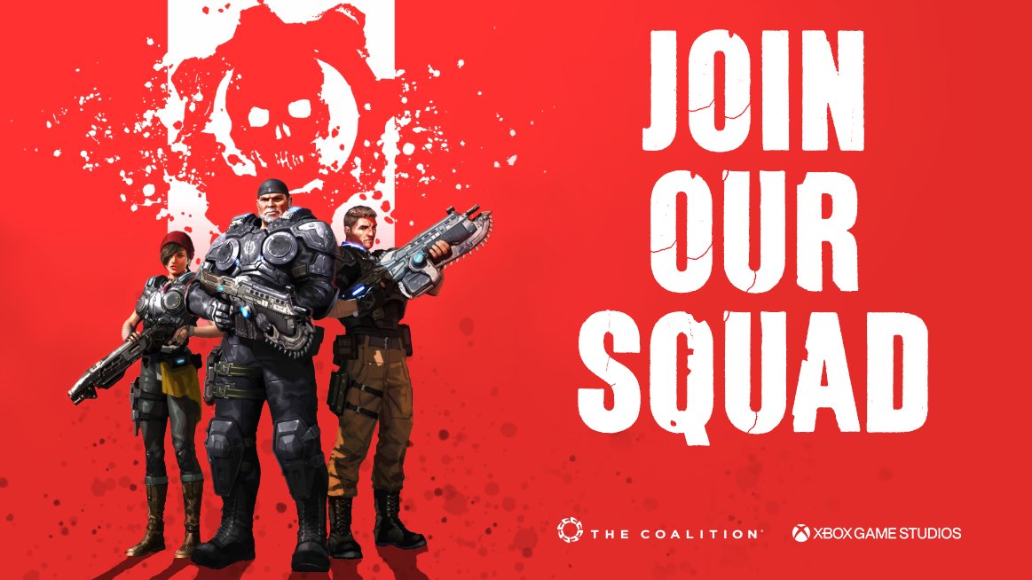 Red background with three Gears of War soldiers holding weapons. Text reads: Join our squad. The Coalition and Xbox Game Studio logos are seen on the bottom right hand of the asset.