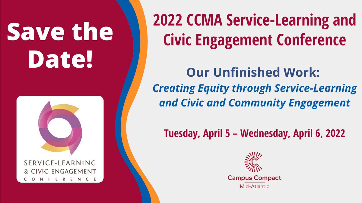 TransformMidA's tweet photo. Save the date for the 2022 CCMA Service-Learning and Civic Engagement Conference!
"Our Unfinished Work: Creating Equity through Service-Learning and Civic and Community Engagement" will take place virtually April 5th and 6th.
More details to come! https://t.co/eTOnfZSeSW
