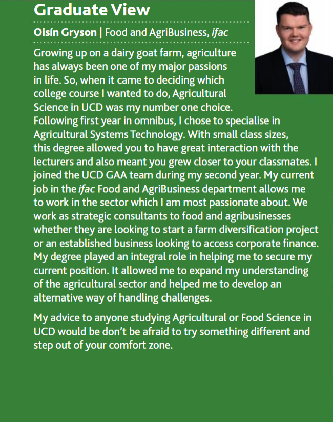 o_gryson's tweet photo. I am delighted to feature in this year's @ucdagfood - Agriculture, Food Science and Human Nutrition prospectus where I share how my degree has allowed me to progress my career with @ifac_ireland. https://t.co/kPlGzfbT11