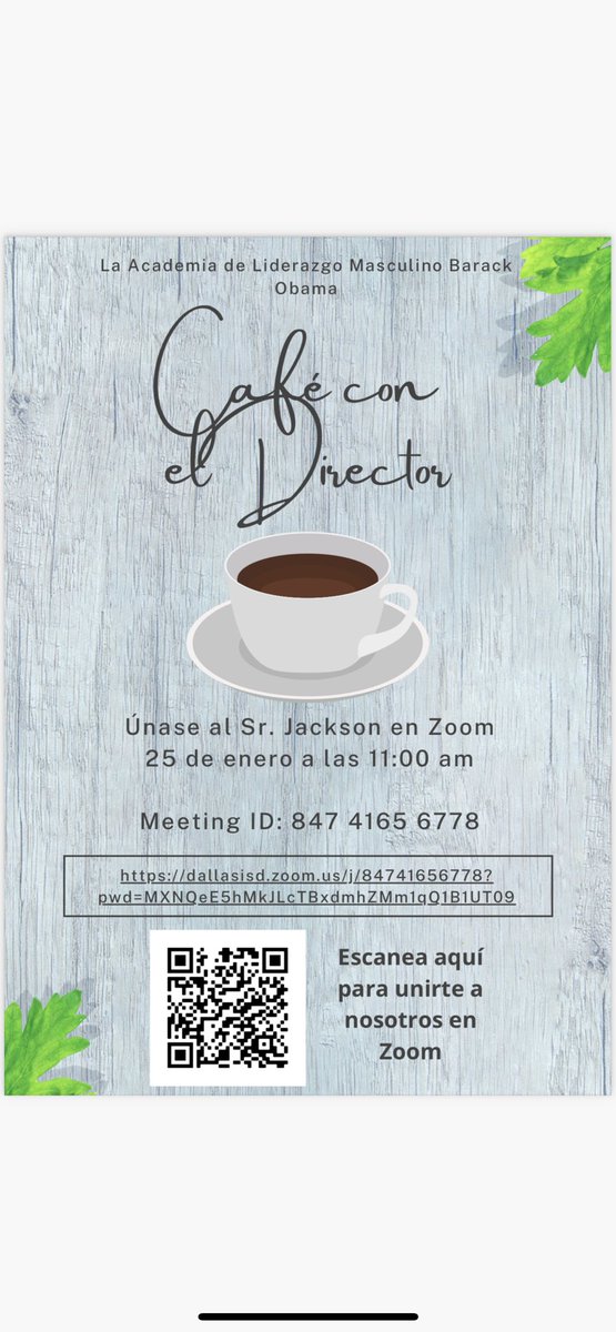ObamaMLA's tweet photo. ¡Padres de BOMLA! Únase a nosotros en Zoom para nuestro próximo Café con el Director el Martes 20 de Enero a las 11 am #BOMLA #BOMLANation #SingleGenderSchool #ChooseDallas #DallasISD #ParentEngagement #ApplyToday https://t.co/erVOoIlq28
