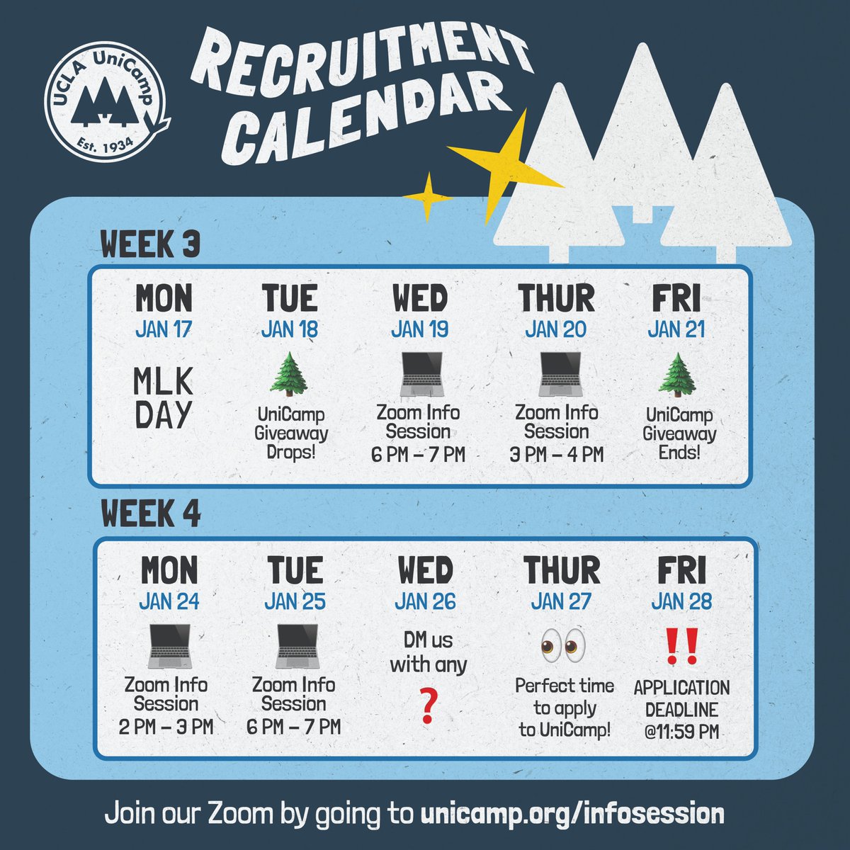 Applications are due next Friday 1/28! Come by our Info Sessions to hear from our current student leaders. You’ll learn all that you need to know about UniCamp and why you should apply to be a volunteer🌲✨  unicamp.org/apply