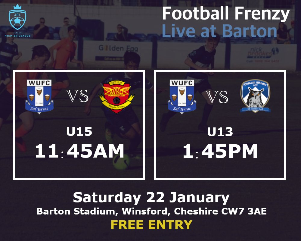 WinsfordUnited's tweet photo. 🔵 UPCOMING FIXTURES 🔵

Winsford United Academy is taking over Barton Stadium this Saturday. FREE ENTRY to all with two matches taking place! 

Bar &amp; Cafe will be open all day! 

clubhouse academy party after the football!🎉🎊🎉

Come on you blues!🔵 https://t.co/ZVviUlNdBR