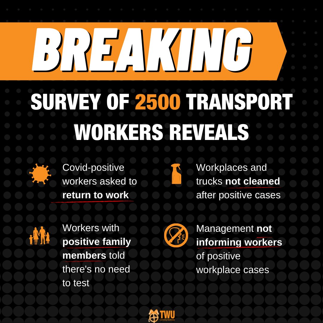 We're horrified. 
- bus driver told "keep driving" while dizzy
- truckies asked to come in when still testing positive
- workers told "no need to test" after covid iso or as a close contact.

This is the mess <a href="/ScottMorrisonMP/">Not ScoMo</a> made.

Survey results: twuaus.com/covidsurveyres…
#auspol