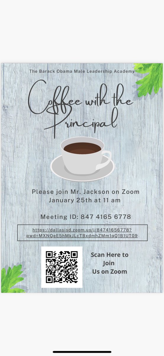 ObamaMLA's tweet photo. BOMLA Parents! Join us on Zoom for our next Coffee with the Principal on Tuesday, January 25th at 11 am #BOMLA #BOMLANation #SingleGenderSchool #ChooseDallas #DallasISD #ParentEngagement #ApplyToday https://t.co/r4iN7rOQpK