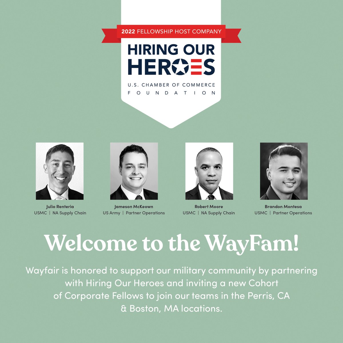 wayfairatwork's tweet photo. Welcome to Wayfair! We're proud to partner with @hiringourheroes to provide veterans and military spouses with opportunities to advance their careers. This week, we welcomed four fellows to the #WayFam in our Partner Operations and Supply Chain teams!  #HiringHeroes https://t.co/lcIA45CObD