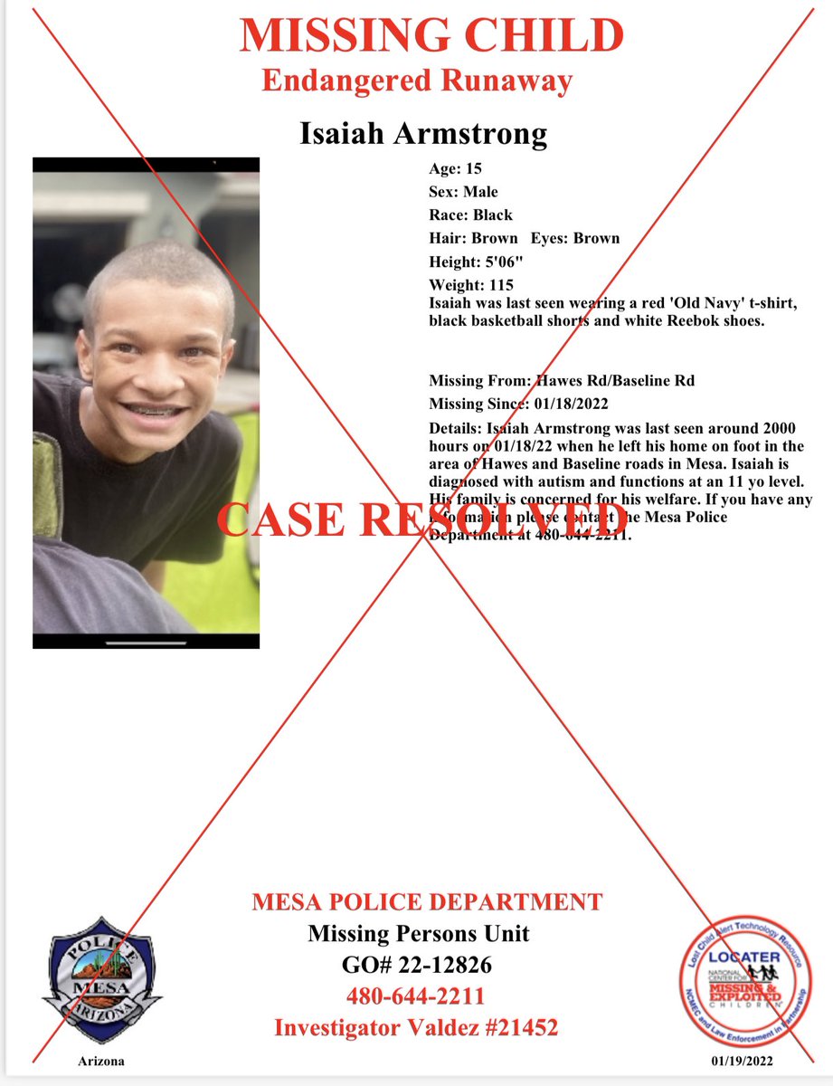 MesaPD's tweet photo. UPDATE: Isaiah has been located and returned to his family. Thank you all for your help. https://t.co/SFkBclK9lr