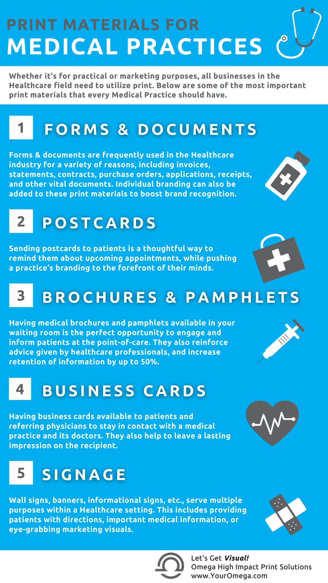 OmegaHIPS's tweet photo. There are certain print materials that are essential for any medical practice to have. Find out what they are in our latest infographic!
#YourOmega https://t.co/CFGi1T9MUs