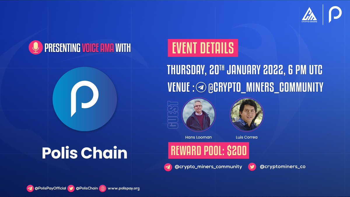 CryptoMiners_Co's tweet photo. 🎙️We're pleased to announce our next Voice #AMA with Polis Chain on 20th January at 6:00 PM UTC

💰Rewards Pool: 200$

🏠Venue: https://t.co/ugj9Ua173L

〽️Rules:
1⃣ Follow @Cryptominers_co &amp; @PolisChain
2⃣ Like &amp; RT
3⃣ Comment Questions &amp; Must Join Voice Chat https://t.co/KvKq5Miv1s