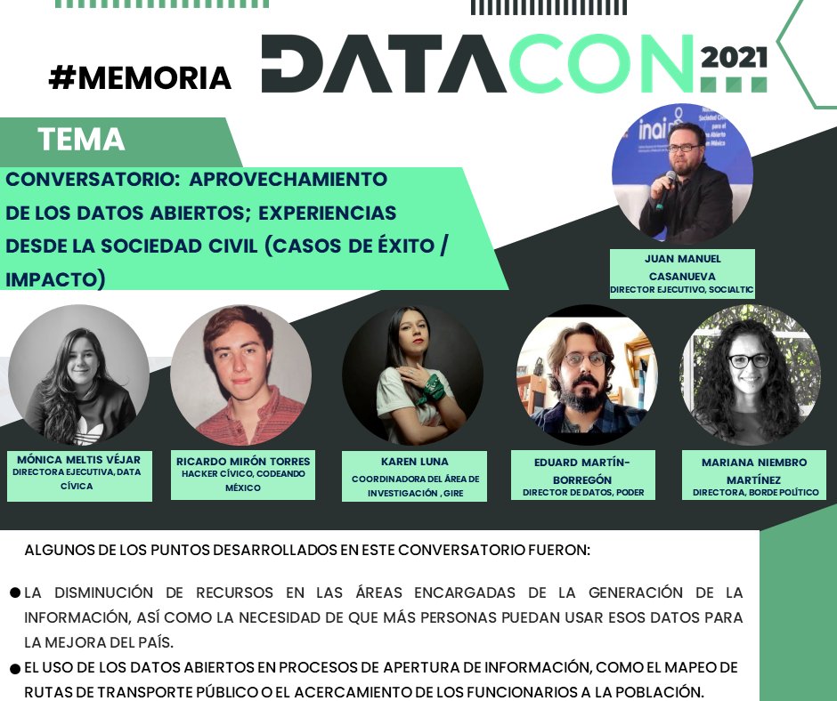 DataConMX's tweet photo. En esta semana de memoria de la #DATACON2021 hablaremos de lo que fue el conversatorio: Aprovechamiento de los datos abiertos. Para saber más, la relatoría se puede consultar en https://t.co/VljorMO1rl y el video en https://t.co/coOUtO1Zw3 https://t.co/en49OlDBG2