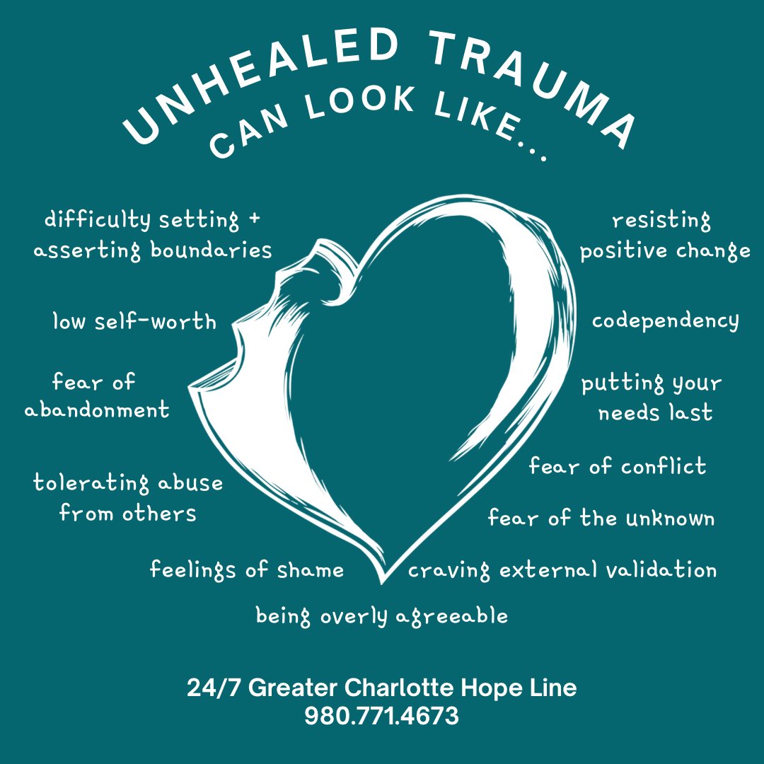 Safe_Alliance's tweet photo. When you don’t have a healthy way to deal with #trauma, you can start to repress your emotions. It can be hard to recognized unhealed trauma, but here are some common #warningsigns. #SafeAllianceCLT #traumahealing #traumarecovery #unhealedtrauma https://t.co/htPWJ3H49G