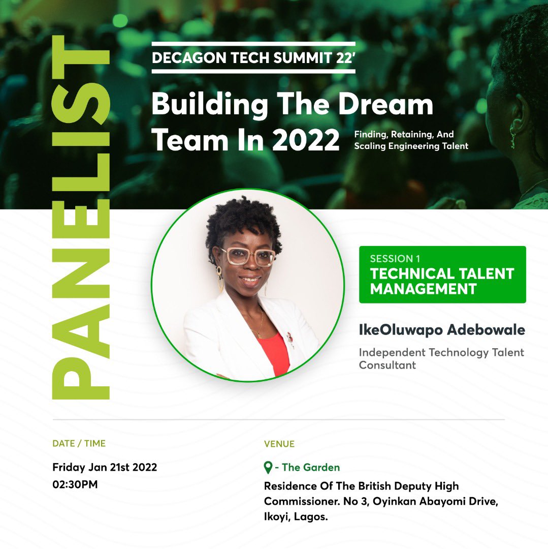 DecagonIns's tweet photo. Say hello to IkeOluwapo Adebowale, an Independent Technology Talent Consultant, who is a panelist on the Technical Talent Management session at the #DecagonTechSummit22. https://t.co/TjQGvyFc4M