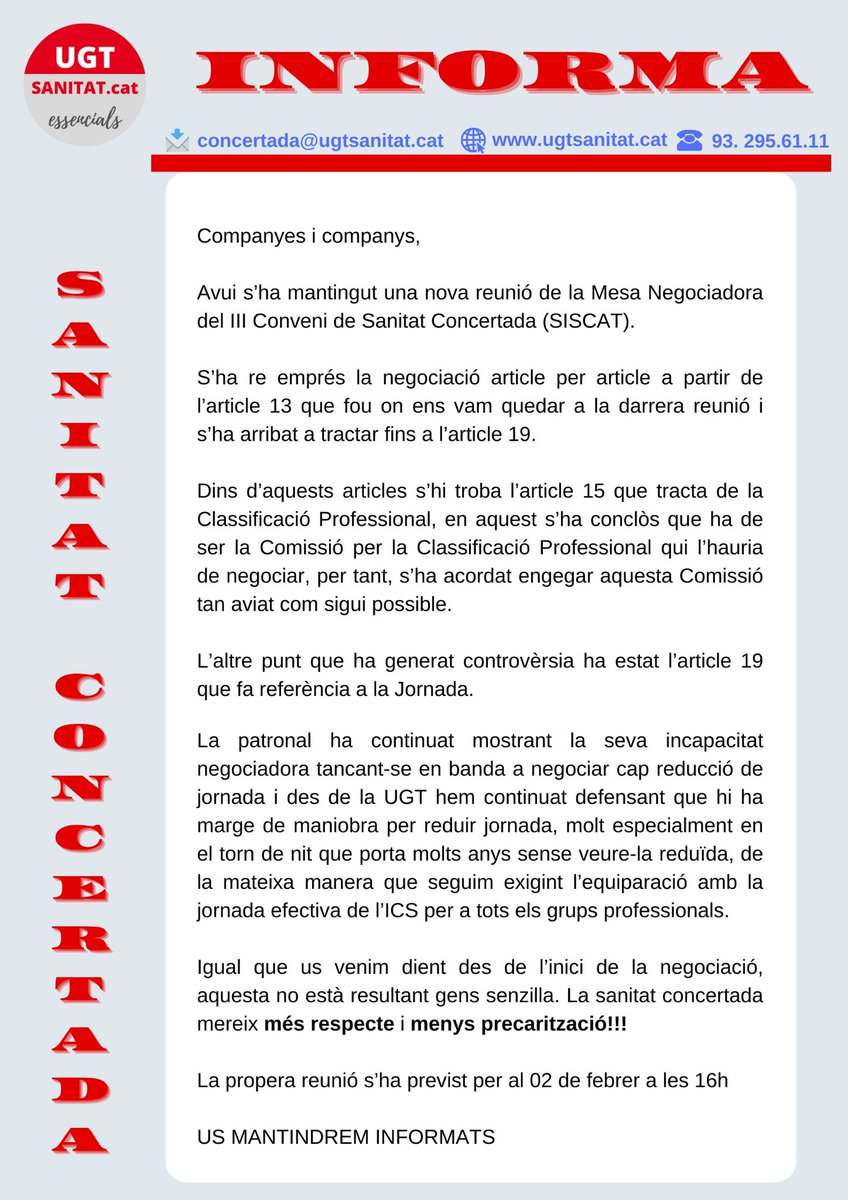 Una reunió més de Conveni un día més perdut, Patronals <a href="/uchcat/">La Unió</a> <a href="/ACEScat/">ACES - Associació Catalana d'Entitats de Salut</a> <a href="/CSC_Consorci/">CSC</a> no anem bé <a href="/UgtTcai/">UGT TCAI</a> <a href="/metgesSESugtCAT/">MetgesSES UGT CAT</a> <a href="/ugttauli1/">UGT Parc Taulí</a> <a href="/UGT_CST/">UGTCST 🌈💉</a> <a href="/UgtCor/">UGT SAGRAT COR</a> <a href="/ugtfhag/">UGT Hospital General de Granollers</a>