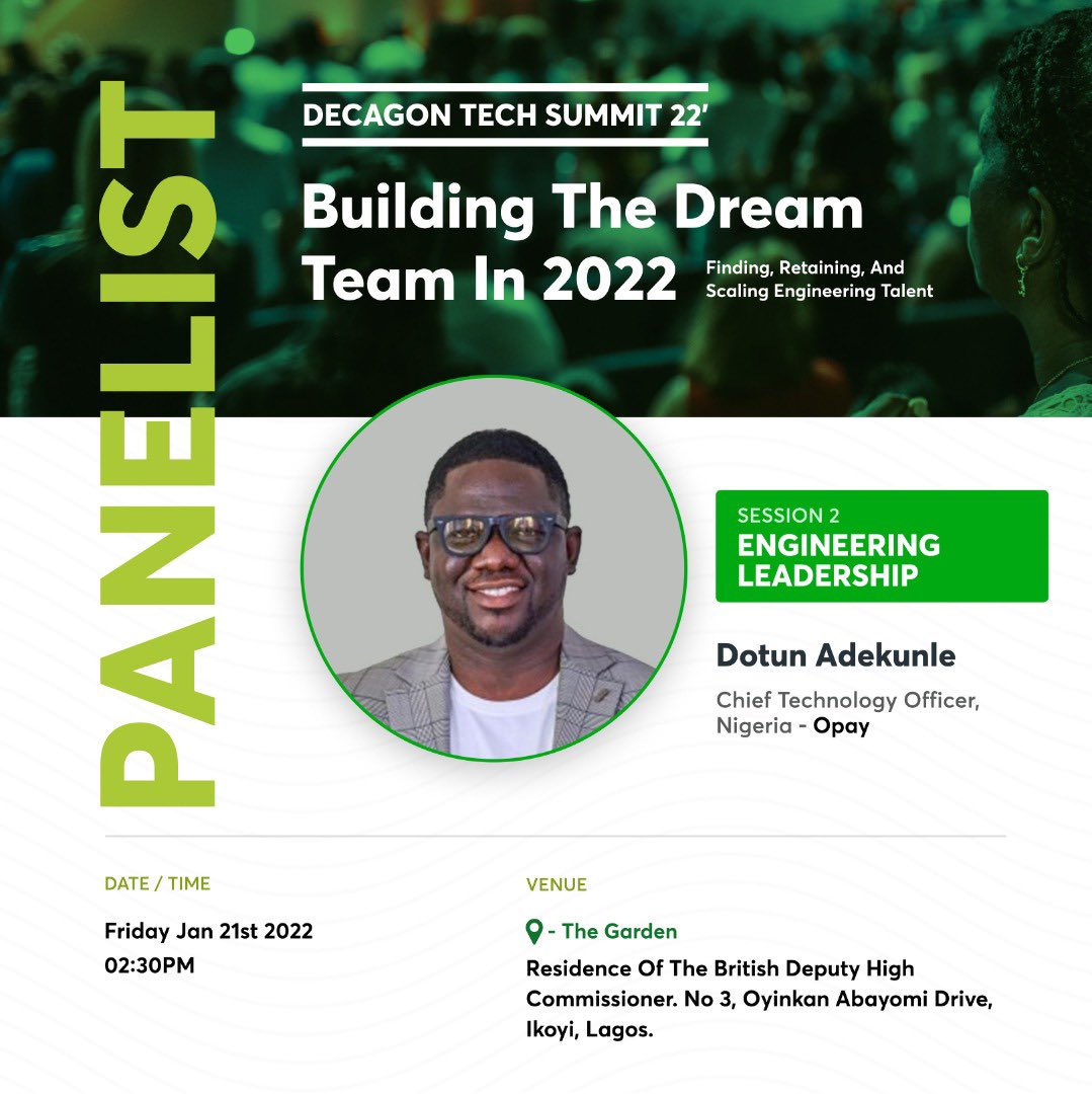 DecagonIns's tweet photo. Say hello to @DotunAdekunle1, Chief Technology Officer, Nigeria @OPay_NG, who is a panelist on the Engineering Leadership session at the #DecagonTechSummit22. https://t.co/ffteIZaAri