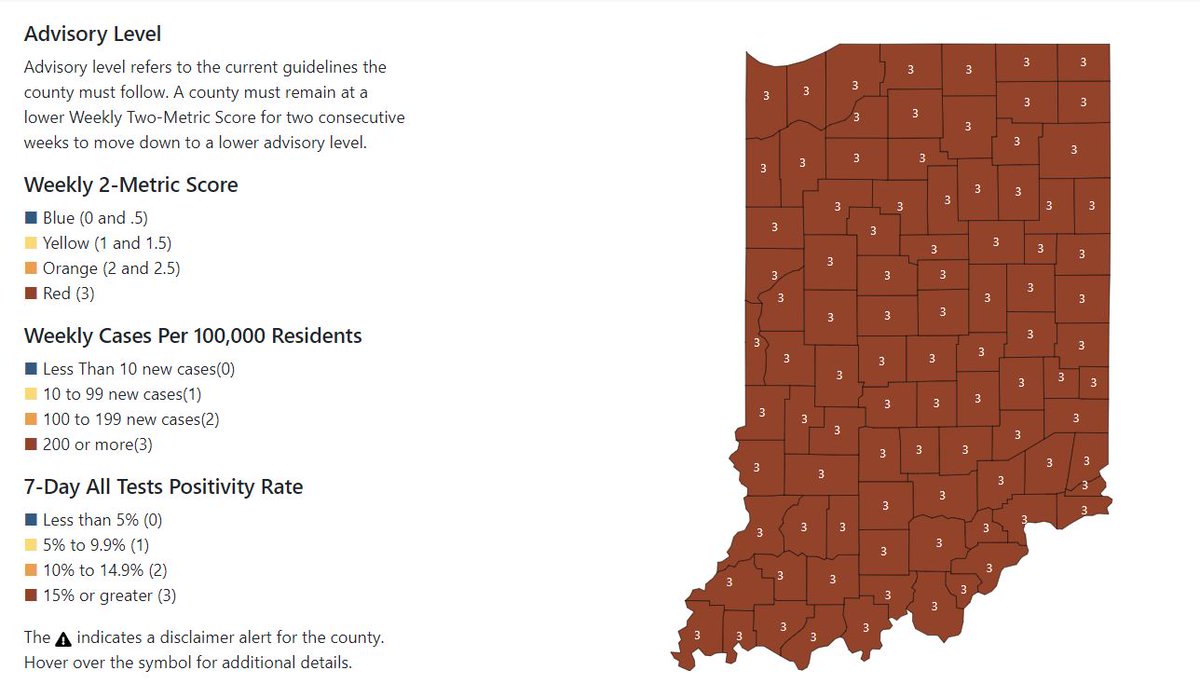 wrtv's tweet photo. The entire state of Indiana is in the "Red" Advisory Level for COVID-19 - the highest - as of today, Jan. 19. There have been 118 new deaths from the virus and an additional 16,502 new positive cases. https://t.co/aKYId9Q0BJ