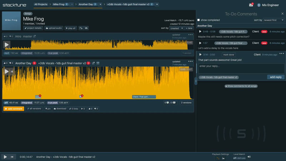 stacktune's tweet image. Finally it's here: Brand new Dark Mode. Easy on your eyes in dark environments. Upload, share and collect feedback on your audio files like a pro.